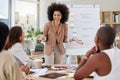 Mixed race businesswoman with afro using whiteboard for staff training in office workshop. Hispanic professional Royalty Free Stock Photo