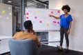 Mixed race businesswoman standing at whiteboard giving presentation to african american colleague Royalty Free Stock Photo