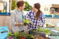 Mixed Race Couple Planting Rooftop Garden Together Royalty Free Stock Photo