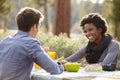 Mixed race couple talking at a picnic table, close up