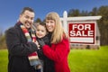 Mixed Race Family, Home and For Sale Real Estate Sign Royalty Free Stock Photo