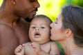 Mixed race family outdoor portrait. Mixed race parents with baby child on nature. Mixed race Portrait of happy african Royalty Free Stock Photo