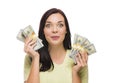 Mixed Race Woman Holding the New One Hundred Dollar Bills Royalty Free Stock Photo