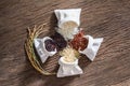 Mixed raw rice, Jasmine rice, Brown rice, Black jasmine rice and Riceberry Royalty Free Stock Photo