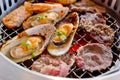 Mixed Roasted Meat and Seafood on the BBQ Grill on roast. Royalty Free Stock Photo