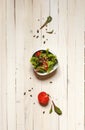 Mixed salad with Munga bean sprouts and pumpkin seeds, top view on light boards Royalty Free Stock Photo