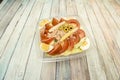 Mixed salad with pitted olives, chopped tomato, canned bonito del norte, boiled eggs, white asparagus Royalty Free Stock Photo