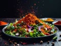 Mixed salad on rustic table. Fresh diet salad served in plate with chilli