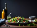 Mixed salad on rustic table. Fresh diet salad served in plate with chilli