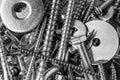 Mixed screws and nails. Industrial background. Home improvement.bolts and nuts.Close-up of various screws. Use for background, top Royalty Free Stock Photo