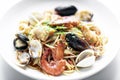 Mixed seafood spaghetti pasta with prawns mussels scallops and c