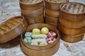 Mixed Shumai, dim sum in bamboo steamer, chinese cuisine Royalty Free Stock Photo