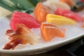 Mixed sliced fish sashimi on ice in white bowl. Sashimi Salmon T Royalty Free Stock Photo