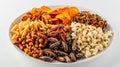 Mixed Snack Platter with Edible Insects. A diverse snack platter featuring an assortment of chips, popcorn, pasta Royalty Free Stock Photo