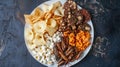 Mixed Snack Platter with Edible Insects. A diverse snack platter featuring an assortment of chips, popcorn, pasta Royalty Free Stock Photo