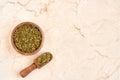 Mixed spice zaatar or zatar in wooden bowl on marble table.Top view with copy space Royalty Free Stock Photo