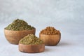 Mixed spice zaatar or zatar in wooden bowls, Various type of zaatar blend. Close up with copy space