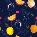 Mixed summer fruits colorful hand sketch ,drawing and paint style in seamless pattern vector for fashion fabric and all prints