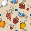 Mixed summer fruits colorful hand sketch ,drawing and paint style in seamless pattern vector for fashion fabric and all prints