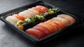 Mixed sushi-grade fish fillets in chilled display with garnish. Royalty Free Stock Photo