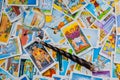 Mixed tarot cards with a magic ball and wand. Royalty Free Stock Photo