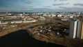 Mixed urban development. Industrial and residential area. Water city system. Aerial photography