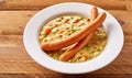 Mixed vegetable and pea soup with bockwurst Royalty Free Stock Photo