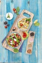 Mixed Vegetable Salads on Blue Wood Background - Mixed Gourmet Food , Mixed Healthy Food - Chicken Salad / Cheese Salad - Green