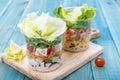 Mixed Vegetable Salads on Blue Wood Board - Mixed Gourmet Food , Mixed Healthy Food - Chicken Salad / Tuna Salad / Cheese Salad -