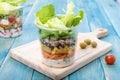 Mixed Vegetable Salads on Blue Wood Board - Mixed Gourmet Food , Mixed Healthy Food - Chicken Salad / Tuna Salad / Cheese Salad -