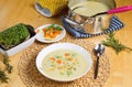 Mixed vegetable soup, pot and bowl with cress. Royalty Free Stock Photo