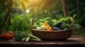 vegetables in basket on wooden table with green orchard background. generative AI