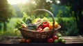 vegetables in basket on wooden table with green orchard background. generative AI