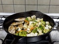 Mixed vegetables and chicken being cooked on a skillet Royalty Free Stock Photo