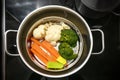 Mixed vegetables in a food steamer basket in a stainless steel pot, the healthy cooking technic preserving minerals, vitamins and