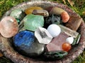 Mixed vibrant and colorful crystal stones in a bowl Royalty Free Stock Photo