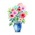 Mixed Watercolor Flowers in a Blue Pot