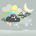 Mixed weather symbols vector Illustration - Snow rain and clouds. Winter snowflakes and rainbow Icons for website, weather app, Royalty Free Stock Photo