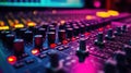 Mixer control. Music engineer. Backstage controls on an audio mixer, Sound mixer. Professional audio mixing console with