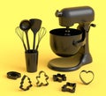 Mixer and cookie cutters with kitchen utensil for making cookies on monochrome Royalty Free Stock Photo