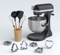 Mixer and metal cookie cutters with kitchen utensil for making cookies on white Royalty Free Stock Photo