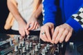 The mixer. remote for sound recording. sound engineer at work in the studio. sound amplifier mixing console equalizer Royalty Free Stock Photo