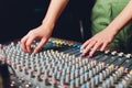 The mixer. remote for sound recording. sound engineer at work in the studio. sound amplifier mixing console equalizer Royalty Free Stock Photo