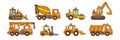 mixer truck, excavator, road roller, dump truck