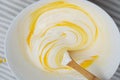 Mixing Baking Dough for Waffles, Egg Yolks and Milk, in a Glass Bowl. Food Preparing Process Photography Concept Royalty Free Stock Photo