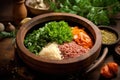 mixing bowl with minced meat, spices, and herbs
