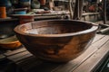 A mixing bowl sitting on a wooden table in a cozy mountain cabin Royalty Free Stock Photo