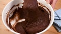 Mixing chocolate cake brownie dough with spatula