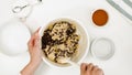 Mixing Chocolate Chip Cookie batter in a bowl, view from above Royalty Free Stock Photo