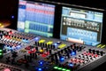 A mixing console, or audio mixer,shallow dof